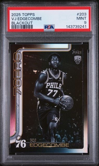 PSA-graded 2025 Topps VJ Edgecombe rookie card in protective case showing black and white basketball player photo with red label.