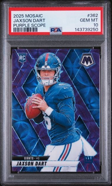 PSA-graded trading card in clear case displaying Jaxson Dart in blue uniform holding football against purple geometric background.