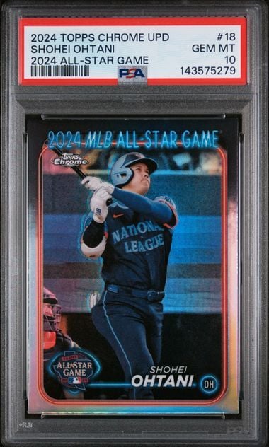 PSA-graded baseball card in clear case showing Shohei Ohtani in blue uniform mid-swing against dark background with red chrome borders and All-Star Game branding.