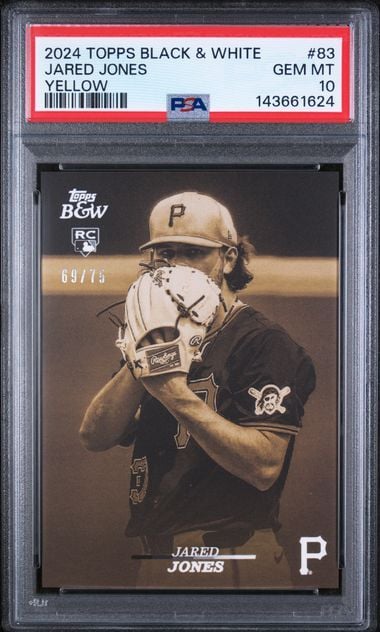 PSA-graded baseball card in clear case showing Jared Jones in Pittsburgh Pirates uniform holding glove, sepia-toned photograph with red label and grade 10.