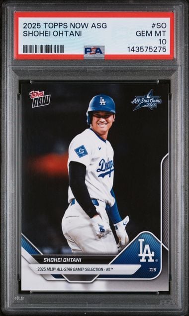 PSA-graded baseball card in protective case showing Shohei Ohtani in Dodgers uniform on black background with red label on top.