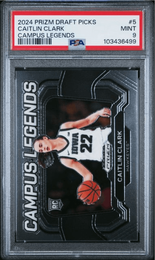 PSA 9 graded card showing Caitlin Clark in white Iowa uniform holding basketball with "Campus Legends" text on black background.