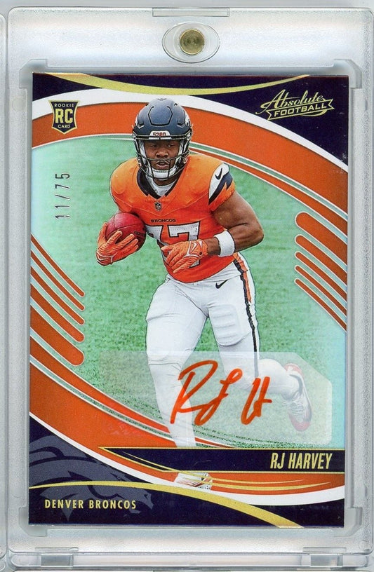 Front of autographed football card featuring RJ Harvey in Denver Broncos orange jersey, signed in red ink, numbered 11/75.