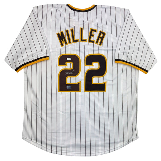 White pinstriped baseball jersey with "MILLER" and number 22 in gold and black lettering, front view.