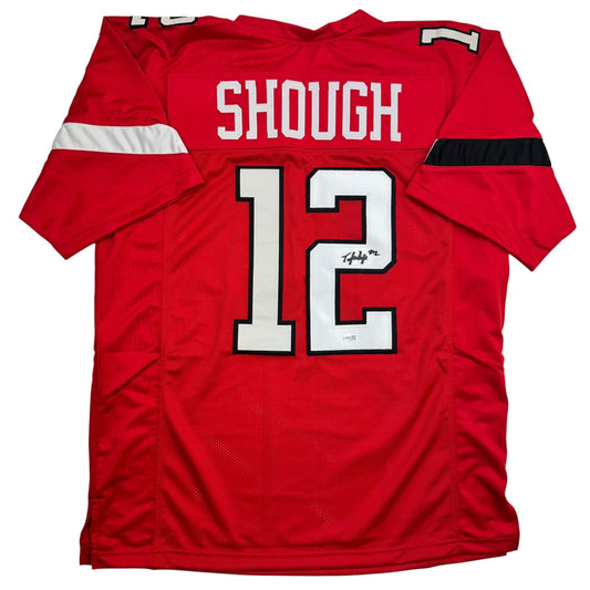 Red Texas Tech college football jersey displaying "SHOUGH" and number "12" on back with white lettering and visible autograph on number.