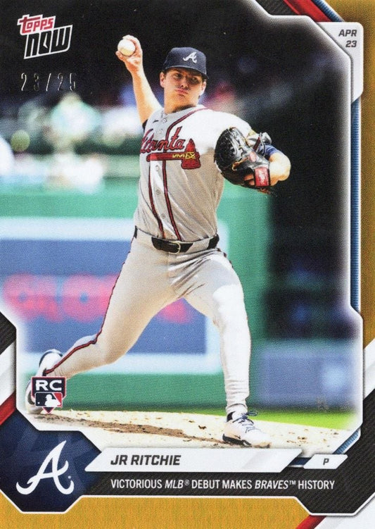Baseball card front showing JR Ritchie in Atlanta Braves uniform mid-pitch, orange foil border visible on right edge.