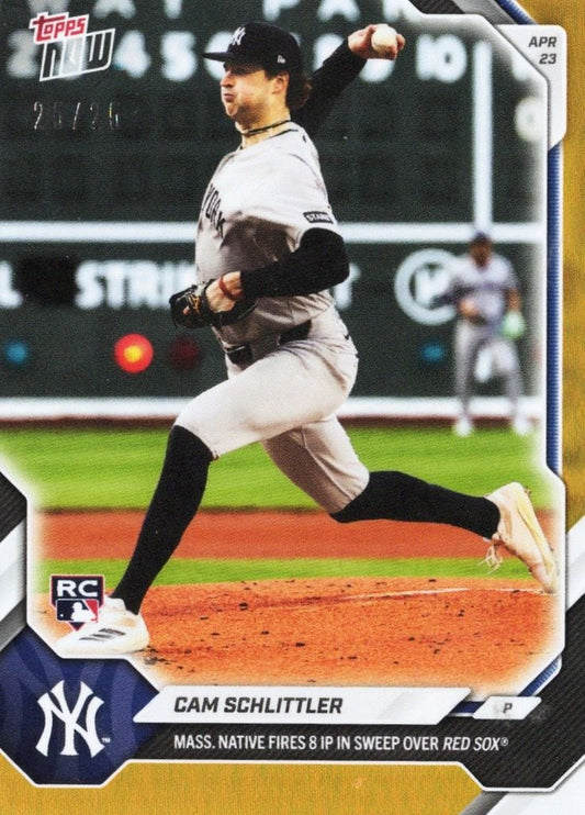 Cam Schlittler mid-pitch in Yankees uniform, orange infield visible, Topps Now card with orange foil border and RC logo.