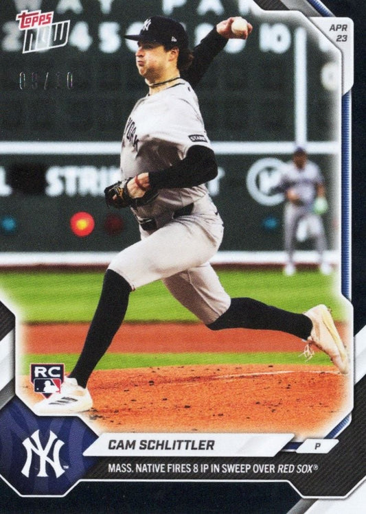 Cam Schlittler pitching mid-delivery in Yankees uniform at Fenway Park, baseball card front with black foil border and RC logo.
