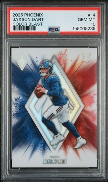 PSA-graded trading card in protective case showing Jaxson Dart in blue uniform within diamond-shaped frame with red and blue watercolor background effects.