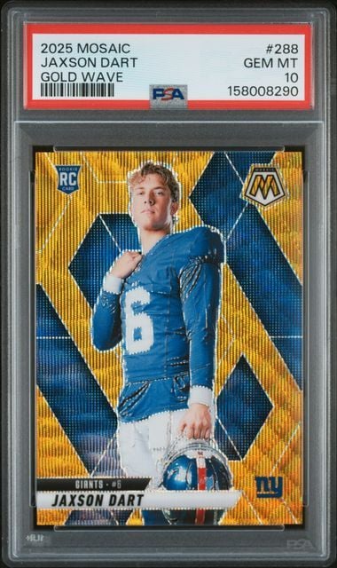 Graded football card featuring Jaxson Dart in blue jersey against gold and blue diamond patterned background, encased in PSA protective holder.