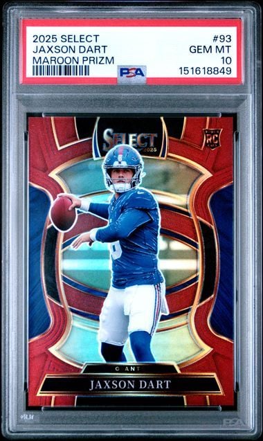 Graded PSA 10 football card in clear case displaying Jaxson Dart in blue uniform within red and gold maroon prizm design frame.