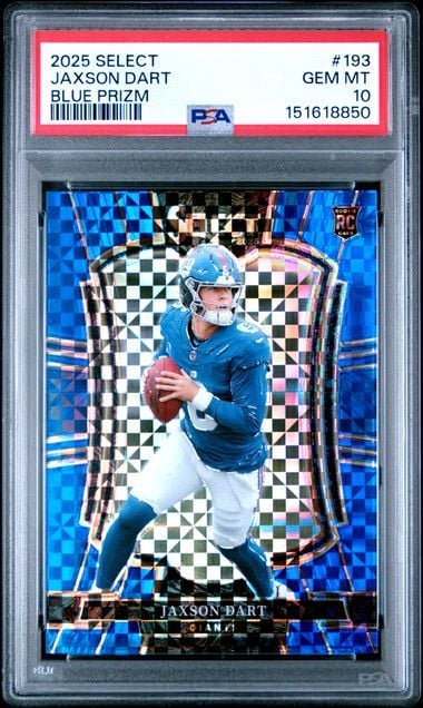 Graded PSA 10 trading card in clear plastic case showing Jaxson Dart in blue uniform against blue checkered background with holographic prism finish.