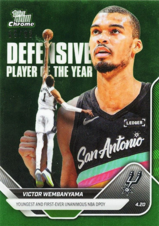 Green chrome basketball card featuring Victor Wembanyama in San Antonio Spurs uniform holding shooting pose with trophy graphic.