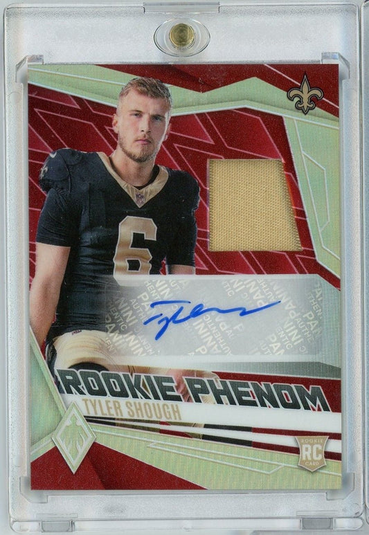 Rookie Phenom football card featuring player number 6 in New Orleans Saints black jersey with blue autograph and yellow mesh jersey swatch.