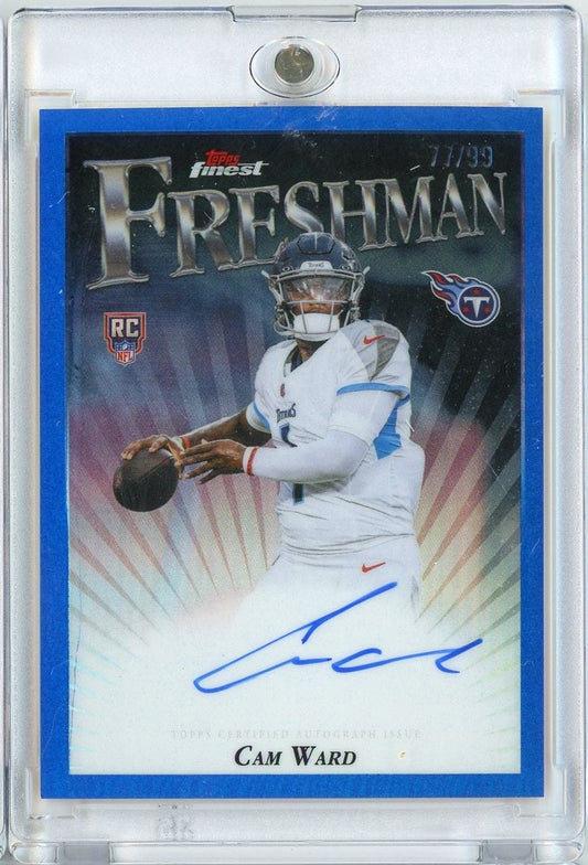 Front of blue-bordered 2025 Topps Finest rookie card displaying Cam Ward in white Titans uniform holding football, with blue autograph and 11/99 notation visible.