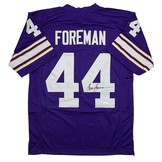 Back view of purple Minnesota Vikings jersey number 44 with "FOREMAN" nameplate and white numerals, featuring gold and white shoulder stripes.