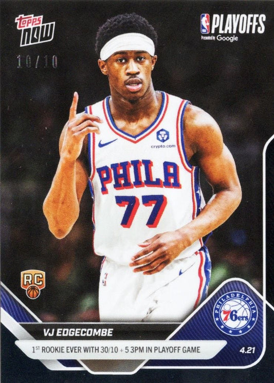 Philadelphia 76ers rookie VJ Edgecombe wearing white jersey number 77 with headband, card front showing playoff achievement text and team logo.