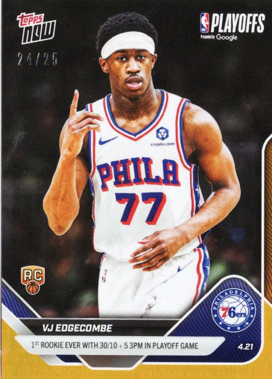Trading card front showing VJ Edgecombe in Philadelphia 76ers white jersey number 77, wearing white headband, with card text and team logos visible.