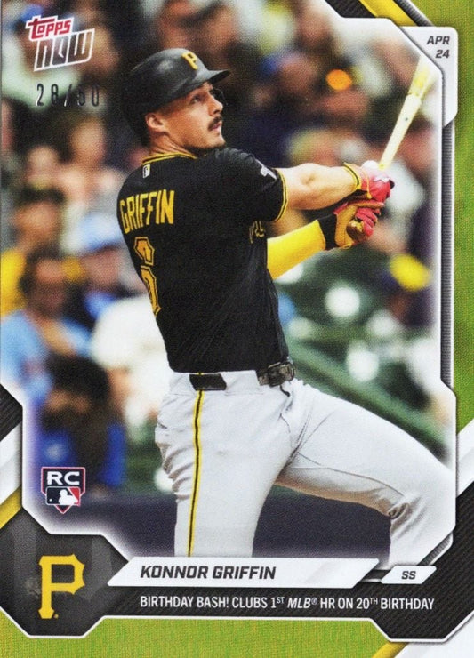 Konnor Griffin in Pittsburgh Pirates black jersey mid-swing during at-bat, Topps Now baseball card with gold foil finish and RC logo.