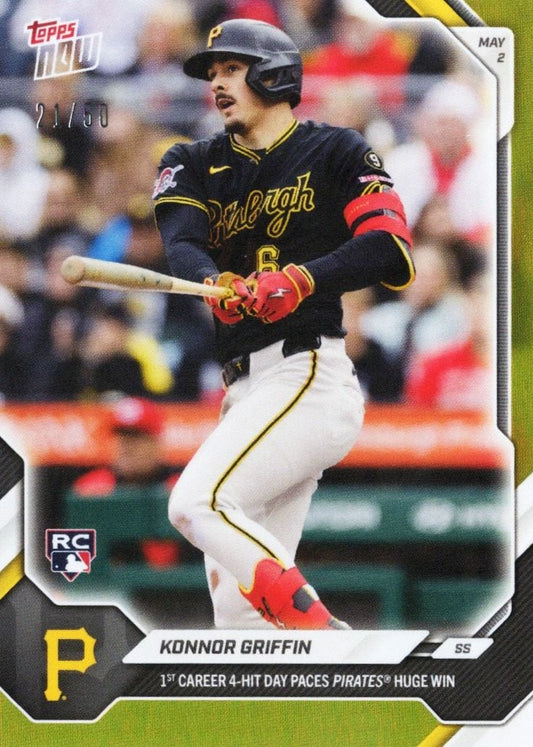 Baseball card front showing Konnor Griffin mid-swing in Pittsburgh Pirates black uniform with red and gold accents, gold foil border visible.