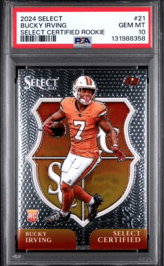 PSA-graded trading card in clear case displaying Bucky Irving in orange Tampa Bay Buccaneers uniform, number 7, against metallic black background.