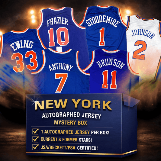 Five autographed New York Knicks jerseys displayed against dramatic lighting with mystery box details and certification information below.