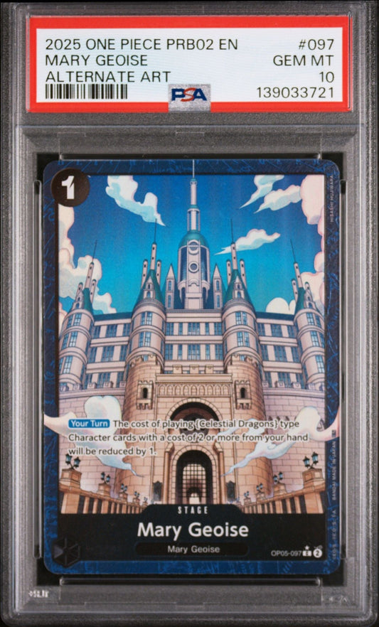 PSA-graded trading card in clear case displaying Mary Geoise stage card with ornate castle illustration and blue sky background.