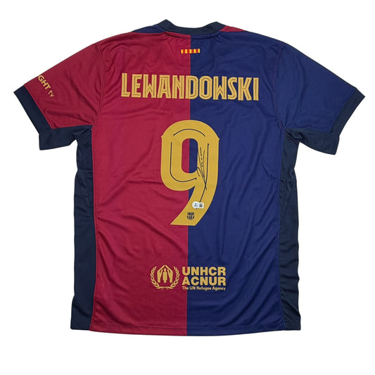 Back view of Lewandowski number 9 Barcelona jersey in blue and red halves with UNHCR sponsor logo and autographed number.