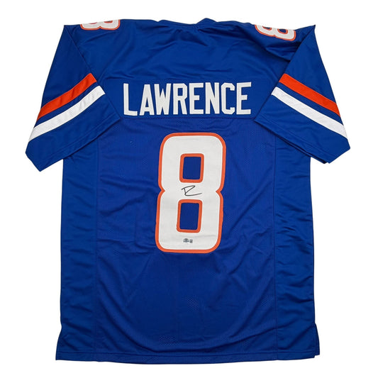 Blue college football jersey with "LAWRENCE" and number 8 displayed on back, featuring orange and white trim.