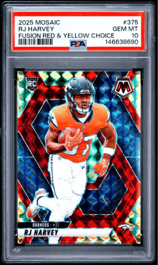 PSA-graded 2025 Mosaic RJ Harvey rookie card in PSA 10 holder showing player in orange Broncos uniform on red and holographic background.