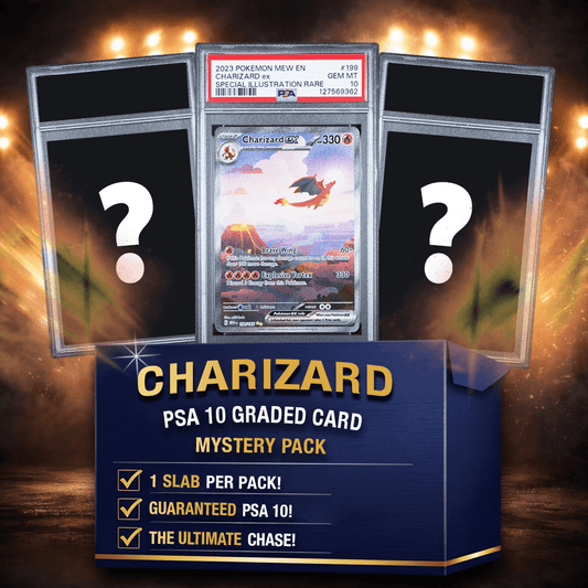 Charizard GX PSA 10 graded card in protective slab displayed between two mystery pack boxes with golden lighting backdrop and product details.
