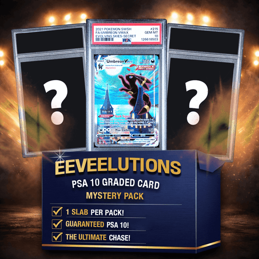 PSA 10 graded Umbreon VMAX card centered in protective slab with mystery pack box displaying one question mark slab on each side.