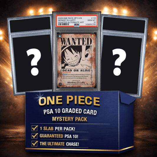 One Piece mystery pack box displaying three PSA-graded card slabs with a center-featured Monkey D. Luffy wanted poster card, flanked by two question mark placeholders, against a glowing amber background.