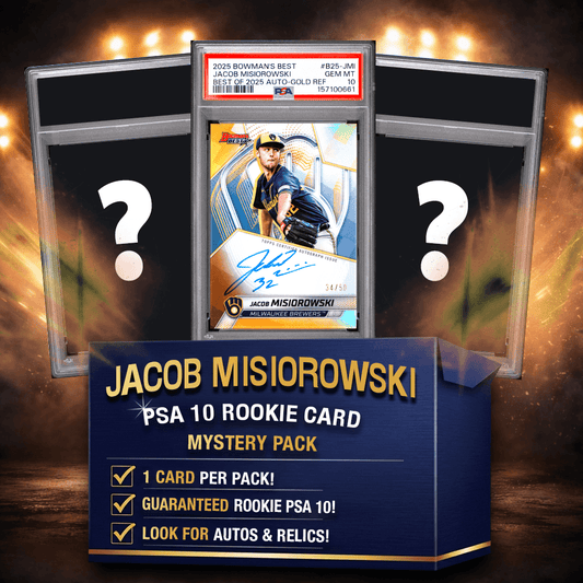 Front view of Jacob Misiorowski rookie card mystery pack box with graded card display and two mystery card slots against golden glowing background.