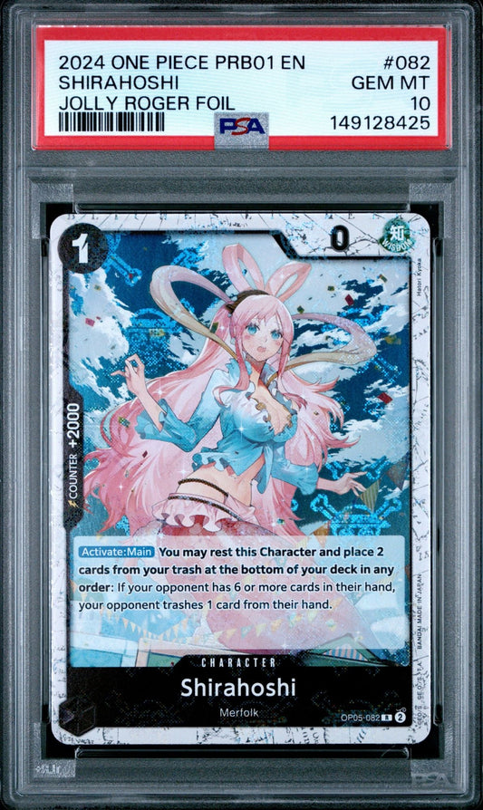 PSA-graded trading card in protective case showing Shirahoshi character with pink hair and blue outfit on foil finish card with red label displaying GEM MT 10 grade.