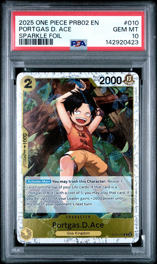 PSA-graded trading card in plastic case displaying Portgas D. Ace character card with sparkle foil finish and red label.