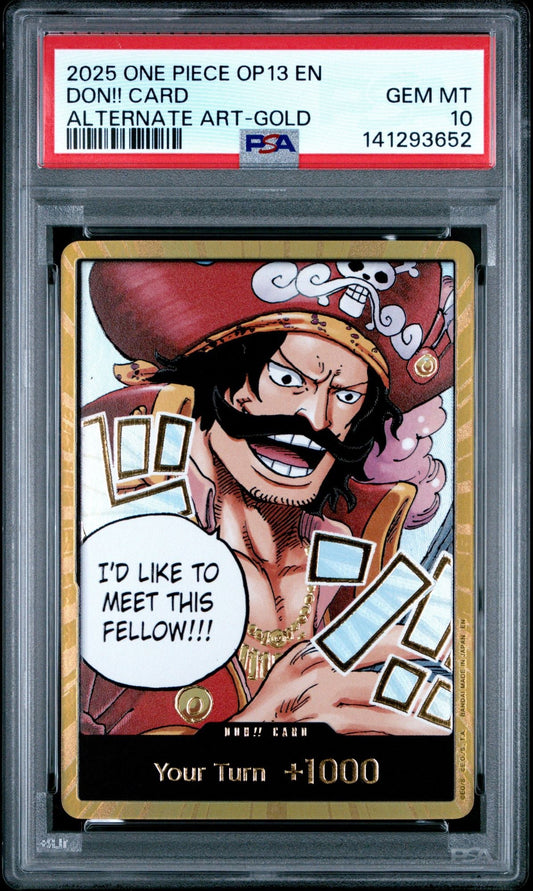 PSA-graded trading card in protective case showing Gold D. Roger character with red background, gold border, and "Your Turn +1000" text at bottom.