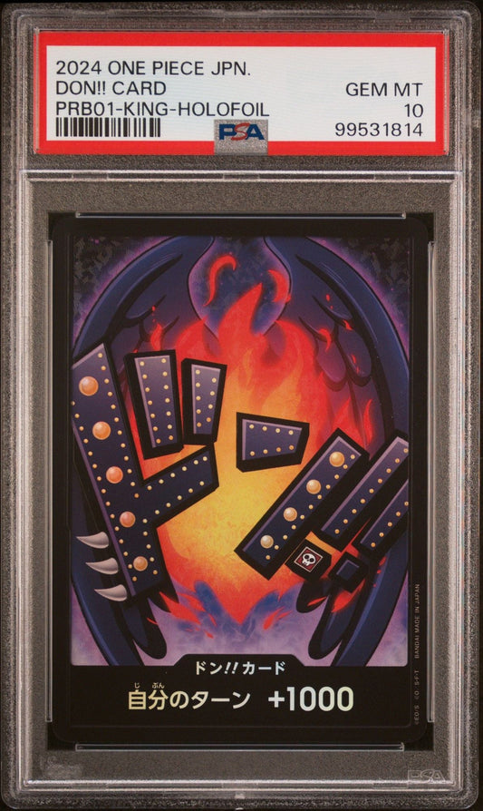 PSA-graded trading card in clear case displaying Japanese Don!! King Holofoil card with flaming red artwork and gold-dotted black hands against purple background.