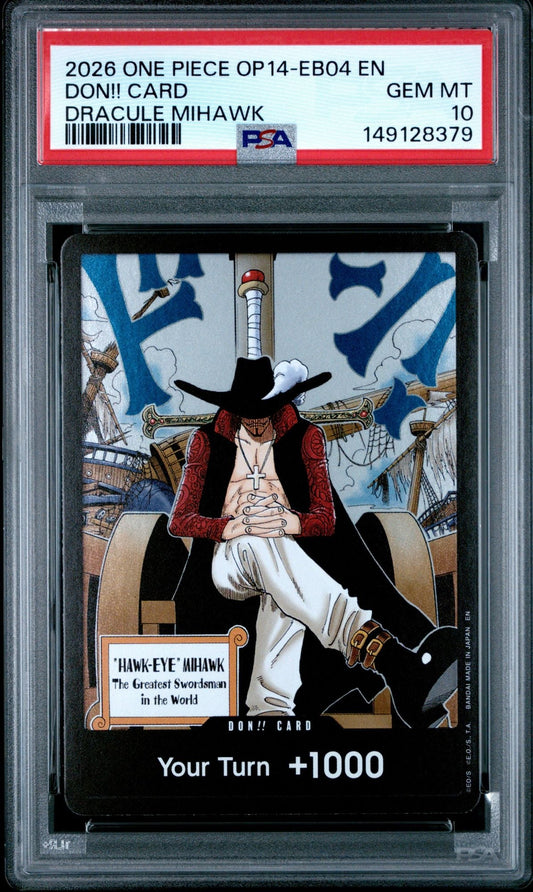 PSA-graded trading card in protective case displaying Dracule Mihawk illustration with sword, red coat, and black hat against ship background.