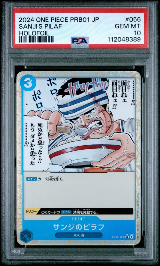 PSA-graded Japanese One Piece trading card in protective case, showing front holofoil card with cartoon character and blue border.