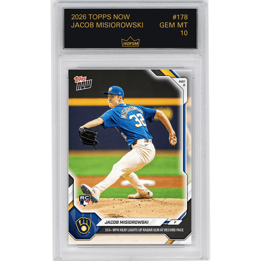 Front view of graded baseball card in clear case showing pitcher in blue Milwaukee Brewers uniform mid-delivery on mound.