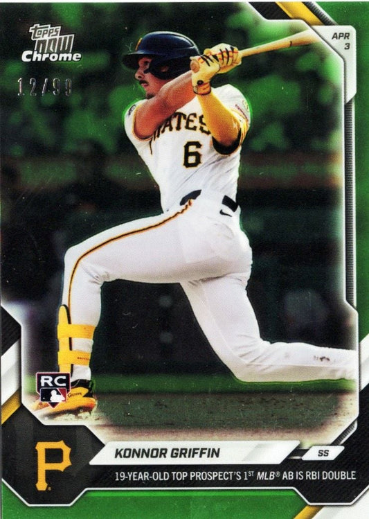 Konnor Griffin baseball card showing Pirates player number 6 in white uniform mid-swing with bat, green blurred background, chrome finish with black and gold borders.