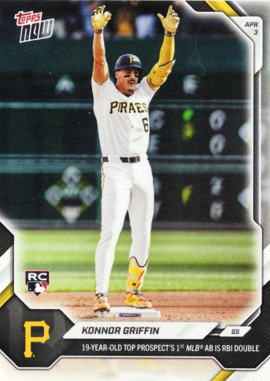 Konnor Griffin baseball card showing Pirates shortstop celebrating with raised arms at second base, white uniform, yellow accents.