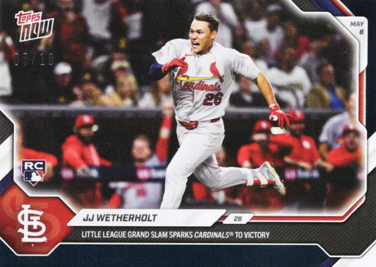 St. Louis Cardinals player JJ Wetherholt running bases in gray uniform on Topps Now baseball card with black foil finish.