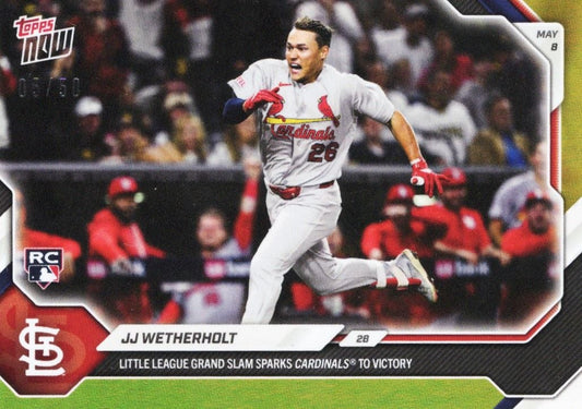 Baseball card front showing JJ Wetherholt in St. Louis Cardinals gray uniform running bases, with gold foil border and RC logo visible.