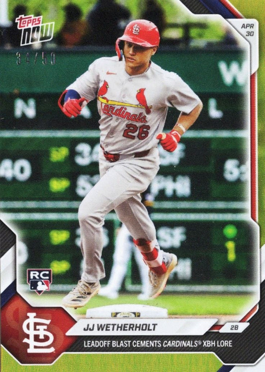 St. Louis Cardinals player JJ Wetherholt in gray uniform running bases, card shows RC logo and April 30 date.