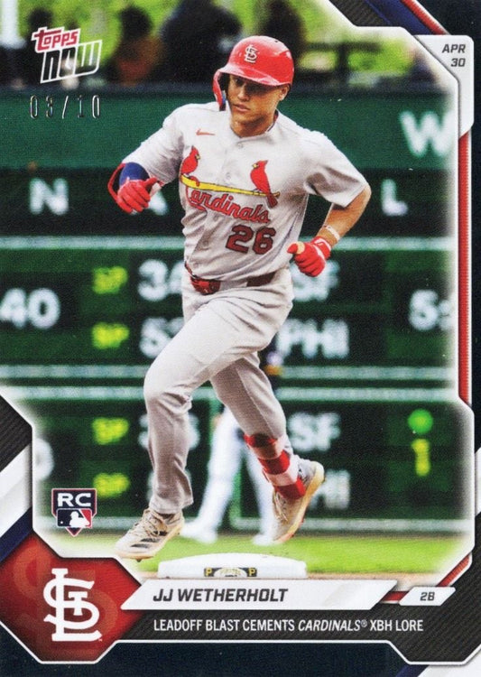 St. Louis Cardinals player JJ Wetherholt running bases in gray uniform with red helmet on Topps Now baseball card.