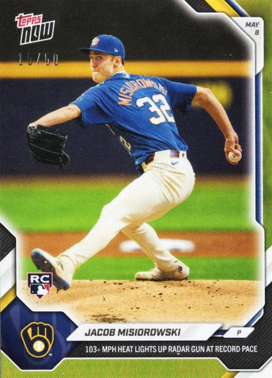 Jacob Misiorowski in blue Brewers uniform mid-pitch on mound, card numbered 178 with gold foil design and Milwaukee logo visible.