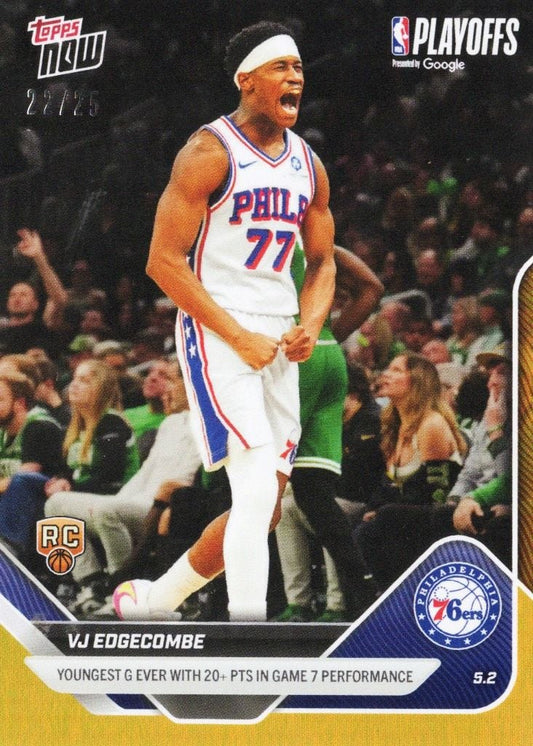 Basketball card showing VJ Edgecombe in Philadelphia 76ers white jersey number 77, celebrating during game with crowd visible behind.