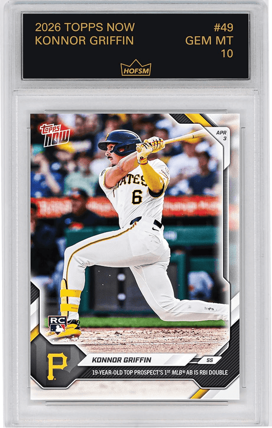 Graded baseball card in clear plastic case showing Konnor Griffin in white Pirates uniform mid-swing, with black label above displaying card details.